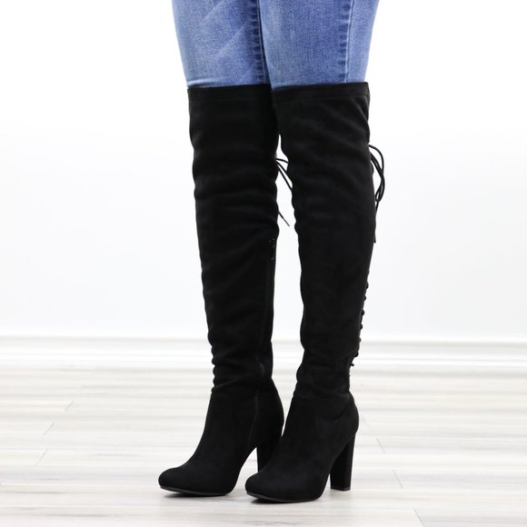 Black Over The Knee Heeled Boots Thigh High Suede With Lace Up Back - Picture 13 of 14